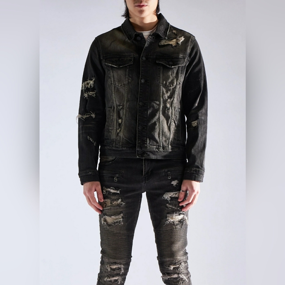 Medium - Embellished- Black Distressed Denim Jacket-nwt